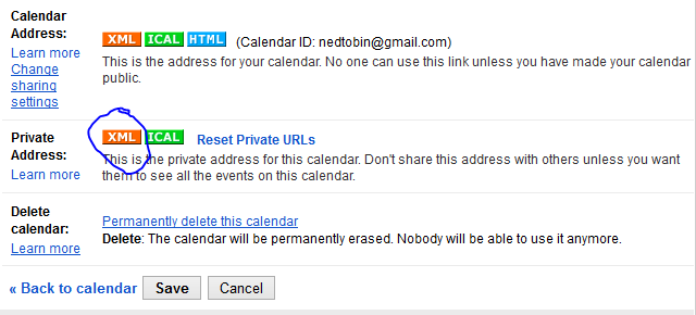 googlel calendar private address xml