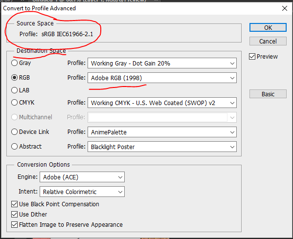 Convert to Profile selection window in Adobe Photoshop